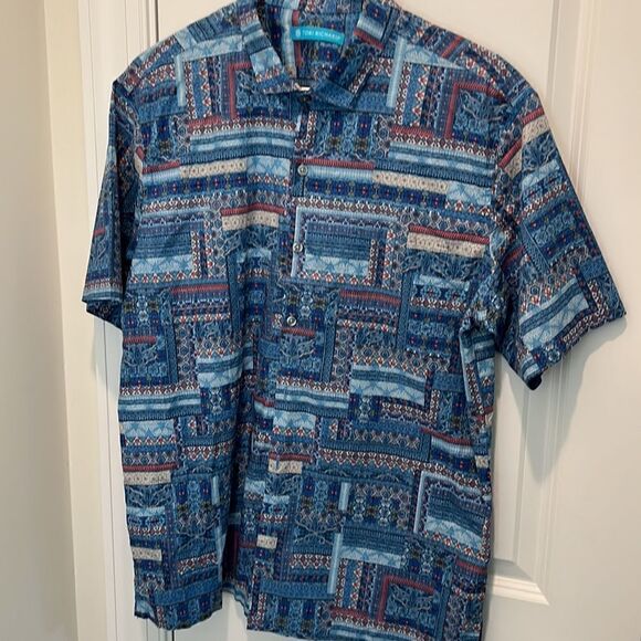 Tori Richard Blue Patchwork print cotton lawn Hawaiian Luau Swept Collar Shirt-L - Picture 1 of 5
